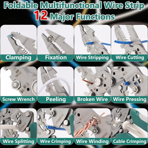 8 In 1 Electrician Pliers Set With Self Adjusting Wire Stripper Cutter And Crimp Tool showcasing 12 functions for wire handling.