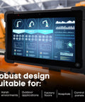 Close-up of Straight-Up Rugged 10.1 Inch Industrial PC Tablet With IP65 Waterproof Touchscreen showing data analysis on screen in a factory setting.
