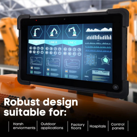 Close-up of Straight-Up Rugged 10.1 Inch Industrial PC Tablet With IP65 Waterproof Touchscreen showing data analysis on screen in a factory setting.