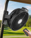 8 Inch Magnetic Golf Cart Fan With Heavy Duty Strap And 12000mAh Battery mounted on golf cart, remote control in hand