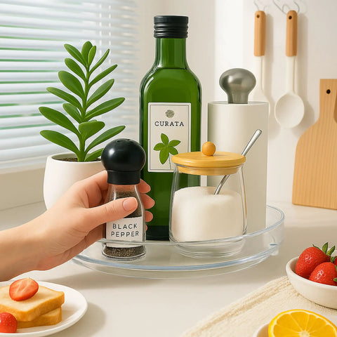 Two Pack Nine Inch Clear Acrylic Lazy Susan Turntable Spinner With Non Slip Base For Kitchen Pantry Cabinet Fridge And Makeup Tray That Is A Straight Up Game Changer For Decluttering Your Home Hella Sturdy with spices and decor displayed.