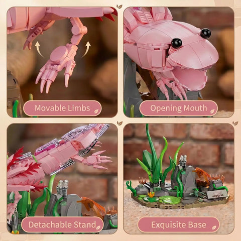 Pink Axolotl Building Block Set 998 Pieces 1 To 1 Scale Amphibian Model Kit showing movable limbs, opening mouth, and base.