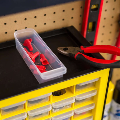 Totally Rad Plastic Hardware Organizer With Forty Four Drawers Badass Tool Storage For Screws Nuts Bolts And Crafts Yellow box with red fasteners.