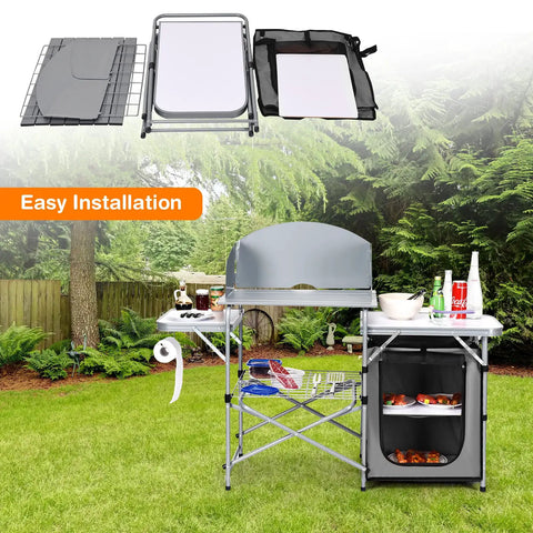 Folding Grill Table With 26 Inch Tabletop And Detachable Windscreen For Camping Kitchen Station Portable Aluminum Camp Cook Set