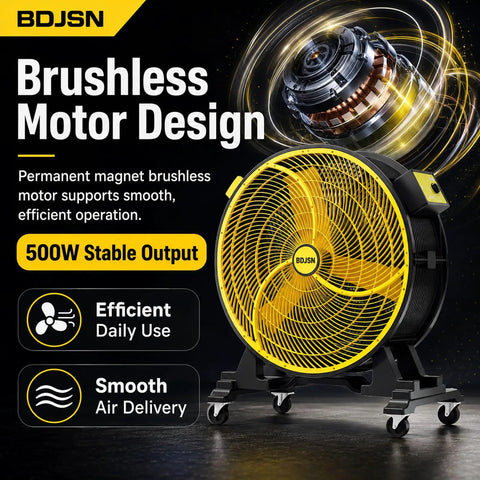 Heavy Duty Industrial Floor Fan 35.8 Inch Brushless Drum Circulator on caster wheels with yellow and black design.