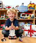 Child playing with 12 In 1 Space Rocket Building Blocks Kit For Kids Aged 6 To 12 566 Piece STEM Construction Set on wooden floor.