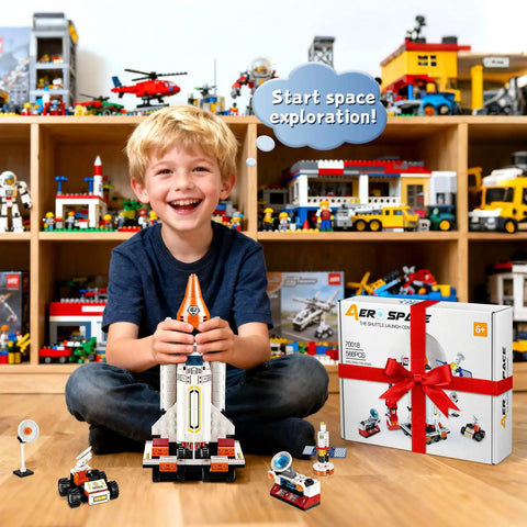 Child playing with 12 In 1 Space Rocket Building Blocks Kit For Kids Aged 6 To 12 566 Piece STEM Construction Set on wooden floor.