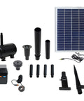 Grade A 132 GPH Solar Fountain Pump And Panel Kit components including pump, hoses, LED light, and solar panel.