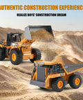 RC Front Loader Construction Vehicle With Alloy Bucket For Kids Aged 3 To 12 in action on sandy terrain.