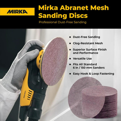 Six Inch Dust Free Sanding Discs With Hook And Loop Mesh For Orbital Sanders Pro Grade Dust Extraction Long Lasting Non Clogging Pads Ideal For Wood Metal Auto Finishes And More 50 Pack Grit 240 displayed with sander.