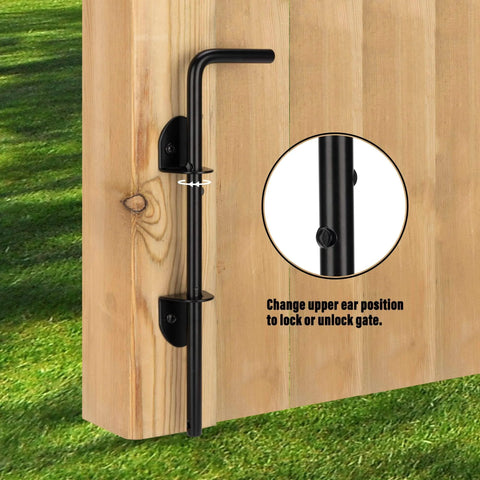 12 Inch Cane Bolt Heavy Duty Drop Rod Gate Stopper Hardware installed on a wooden gate, black powder-coated finish, close-up view