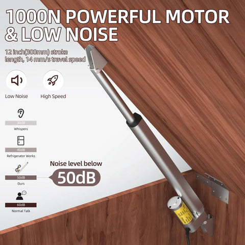 Beefy 12V Linear Actuator 1000N 300mm Stroke Waterproof with Controller installed on wooden surface showing noise level 50dB.