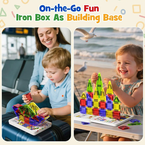 On The Go Magnetic Tiles For Kids 40Pcs STEM Building Blocks With Visual Storage Guide And Metal Travel Box Play Base