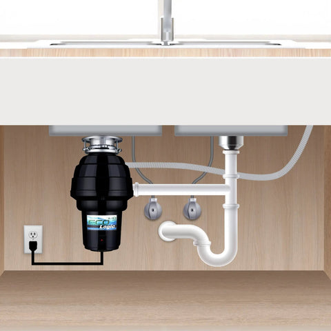 Designer Series 1-1/4 HP Food Waste Disposer with brushed nickel flange installed under kitchen sink.