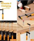 Four 6 Inch F Clamp Set For Woodworking, 300 Lbs Clamping Force, Ergonomic Grip Bar Clamps used for gluing, assembly, and drilling.
