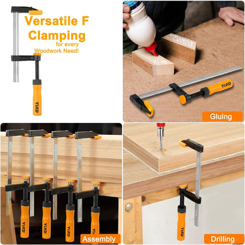 Four 6 Inch F Clamp Set For Woodworking, 300 Lbs Clamping Force, Ergonomic Grip Bar Clamps used for gluing, assembly, and drilling.