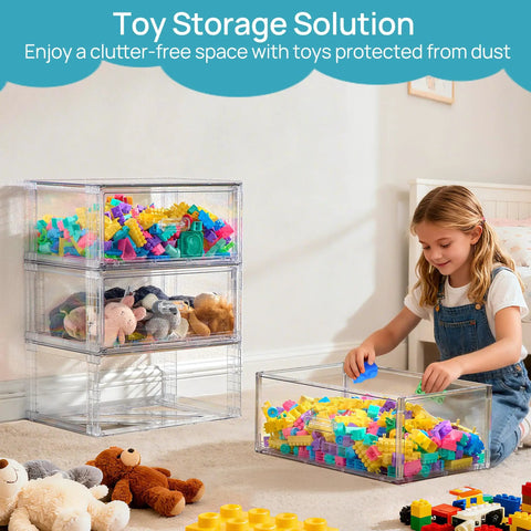 Child playing with toys in a room; clear stackable drawers storing colorful blocks and stuffed animals beside her.