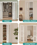 Heavy Duty Bifold Door Hardware Kit With Two 36 Inch Tracks For 72 Inch Closet Doors installed in closet, laundry room, pantry, and living room.