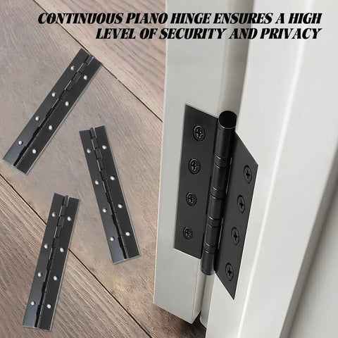 Six Piece Heavy Duty Matte Black Piano Hinges 8 Inch Continuous Steel Hardware mounted on a cabinet, showing smooth operation.