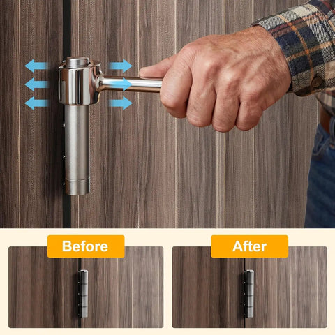 Person using Door Hinge Adjustment Tool For Home And Commercial Doors 0.55 To 0.74 Inch Hinge Gap Wrench for quick easy fix.