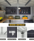 Interior view of 8 By 12 Ft Outdoor Metal Storage Shed With Updated Frame Structure, showing tools and lockable door, weatherproof design.