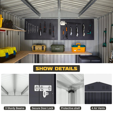 Interior view of 8 By 12 Ft Outdoor Metal Storage Shed With Updated Frame Structure, showing tools and lockable door, weatherproof design.