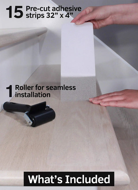 Pre Cut 32x4 Non Slip Stair Tape Bundle Fifteen Clear Anti Slip Indoor Outdoor Stair Strips with roller and installation.