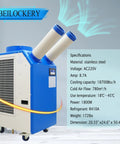 Heavy Duty Rolling Industrial Spot Cooler With 14L Reservoir And Adjustable Vents Delivers Straight Up 18700 Btu with dual hoses and stainless steel body.