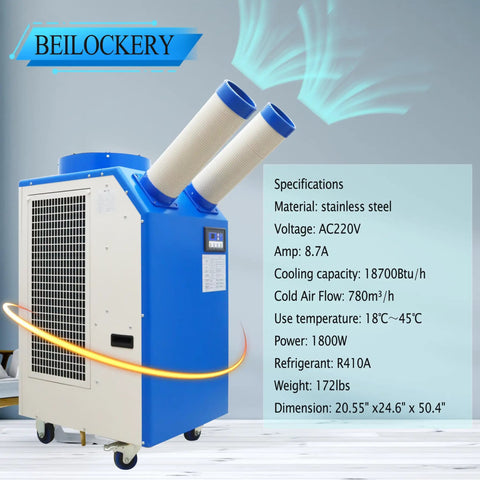 Heavy Duty Rolling Industrial Spot Cooler With 14L Reservoir And Adjustable Vents Delivers Straight Up 18700 Btu with dual hoses and stainless steel body.