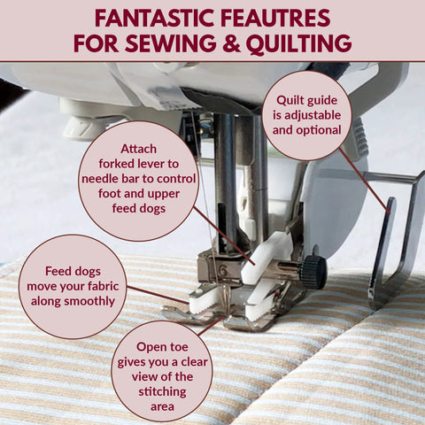 Open-toe walking foot for quilting on low-shank sewing machines; compatible with Brother, Singer, Janome.