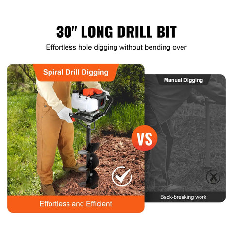 Gas Powered Post Hole Digger With 43cc Engine And 8 Inch Auger Bit, 30 Inch Alloy Shaft in use vs manual digging