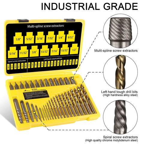 35 Piece Screw Extractor Set With Left Hand Drill Bits and Multi Spline Extractors for Removing Broken Bolts and Stripped Screws