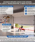 Garage Door Sensor Replacement For GSTB R STB BL Overhead Openers Manufactured After 1993 Includes Transmitter And Receiver No Bracket Needed Plug And Play Install With Worry Free After Sales Support guide image showcasing smart safety features, indicator lights, and installation instructions.