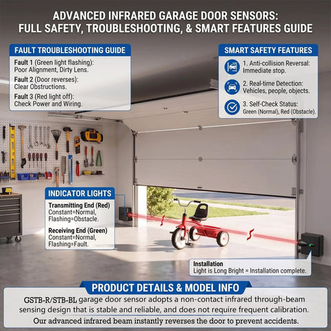 Garage Door Sensor Replacement For GSTB R STB BL Overhead Openers Manufactured After 1993 Includes Transmitter And Receiver No Bracket Needed Plug And Play Install With Worry Free After Sales Support guide image showcasing smart safety features, indicator lights, and installation instructions.