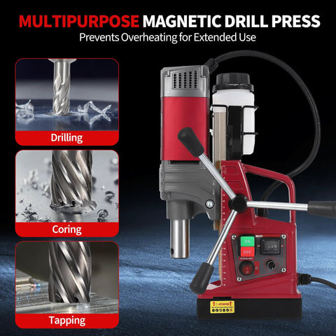 Heavy Duty Magnetic Drill Press 2 Inch Capacity With 210mm Stroke 13000 N Magnetic Hold 1550W Copper Wound Motor 750 RPM displayed