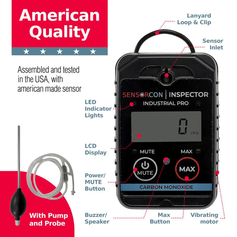 Sensorcon Inspector Industrial Pro CO monitor kit, front view with LCD display and pump with probe.