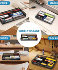 Compact Black Desk Drawer Organizer Tray With Four Compartments For Office And Home Use Non Slip Drawer Organizer For Pens Pencils Glue Sticky Notes Makeup School Supplies Keeps Your Desk Neat And Tidy displayed in various office settings