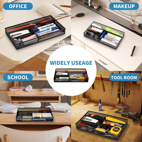 Compact Black Desk Drawer Organizer Tray With Four Compartments For Office And Home Use Non Slip Drawer Organizer For Pens Pencils Glue Sticky Notes Makeup School Supplies Keeps Your Desk Neat And Tidy displayed in various office settings