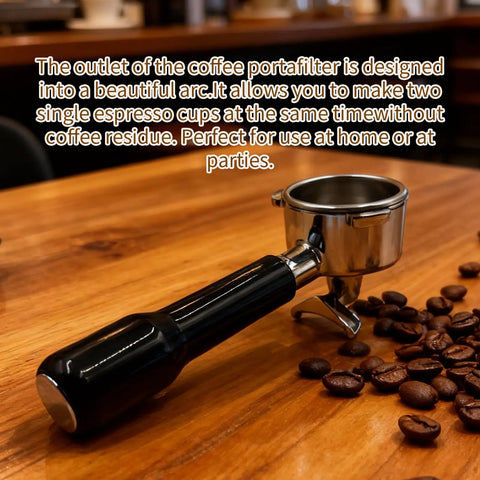 Professional Grade Three Ear Espresso Portafilter With Base And Double Spout Built From Premium Stainless Steel on wooden table with coffee beans