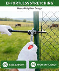 Chain Link Fence Stretcher Heavy Duty Ratcheting Wire Fence Tightener And Puller With Forged Steel Construction And Anti Rust Coating For Easy One Man Operation On Farm Ranch Garden And Yard Fence Repair shown in use on green fence post