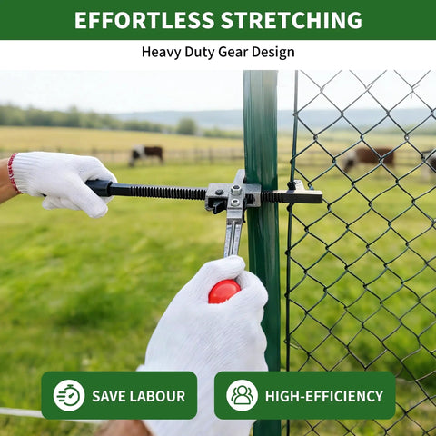 Chain Link Fence Stretcher Heavy Duty Ratcheting Wire Fence Tightener And Puller With Forged Steel Construction And Anti Rust Coating For Easy One Man Operation On Farm Ranch Garden And Yard Fence Repair shown in use on green fence post