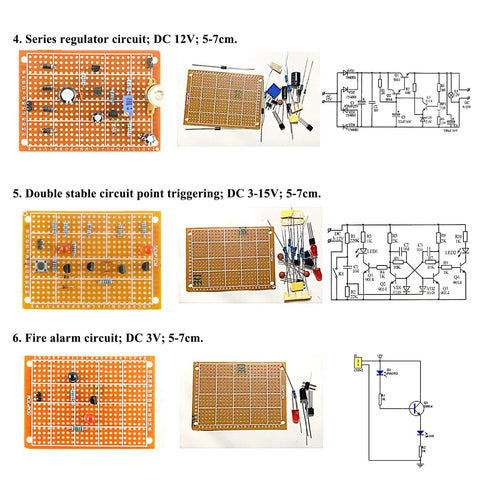 9 Piece Soldering Practice Kit With Universal Board For Beginners And Students, featuring soldered circuits and component layouts