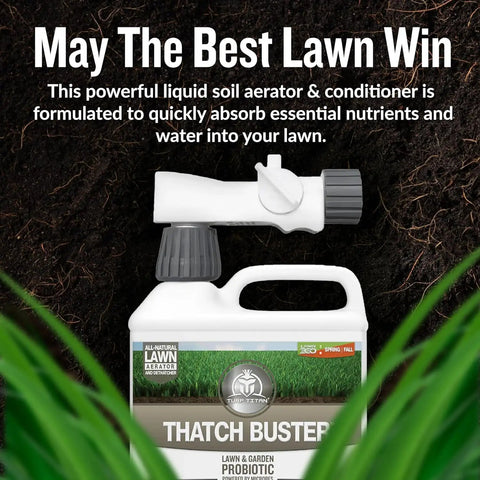 Liquid Lawn Aerator And Dethatcher With Hose End Sprayer For Clay And Compacted Soil on lawn background