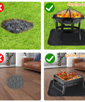 Image showing proper and improper use of Heat Resistant Fire Pit Mat For Deck And Tabletop 25 By 17 Inch Waterproof Oilproof Heavy Duty 4 Layer Pad.