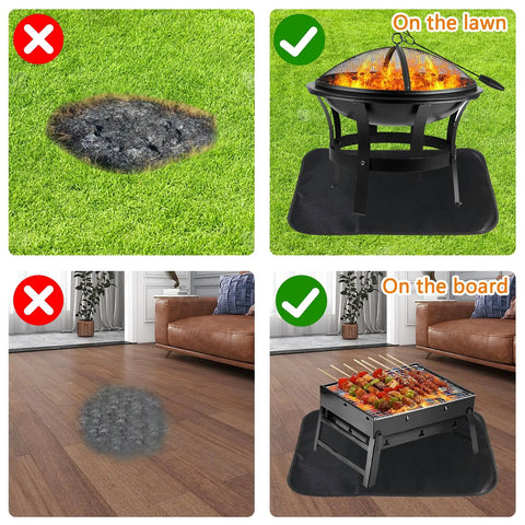 Image showing proper and improper use of Heat Resistant Fire Pit Mat For Deck And Tabletop 25 By 17 Inch Waterproof Oilproof Heavy Duty 4 Layer Pad.