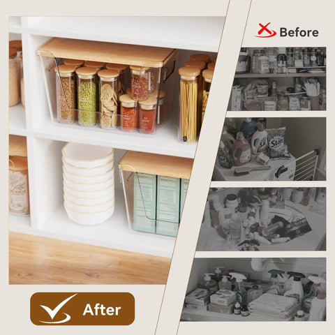 Stackable Pantry Organizers With Bamboo Lids And Clear Bins For Fruits And Vegetables Extra Large Capacity for tidy shelf storage.