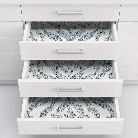Guildford Peel And Stick Damask Wallpaper Blue, Easy Install, Repositionable And Removable Wall Covering, Safe For Walls in drawers