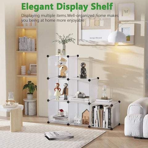 Six Cube Storage Organizer Shelving Unit Set Dope DIY Plastic Modular Book Shelf Translucent White Ideal for Bedroom Living Room and Office Space Saving Closet Cabinet 36.6 by 12.4 by 36.6 Inches in modern living room setting.