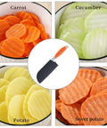 VITUER crinkle cutter with orange handle; stainless steel blade; shown with carrot, cucumber, potato, sweet potato.