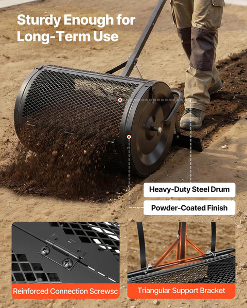 Walk Behind Or Towable Compost Spreader with 24 Inch Spreading Width showing heavy-duty steel drum and powder coated finish